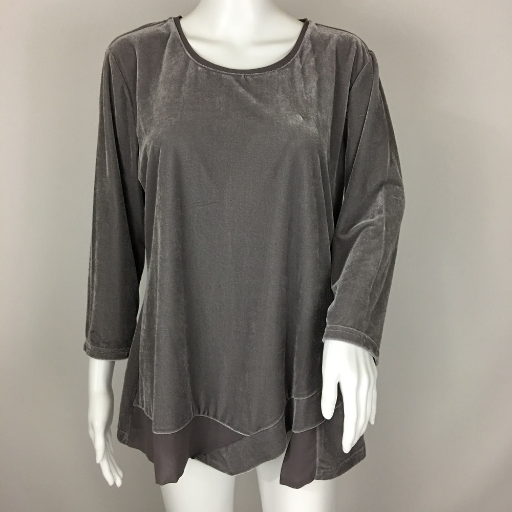 Violet Grey 3/4 Slv Velvet Top w/ Chiffon Trim M